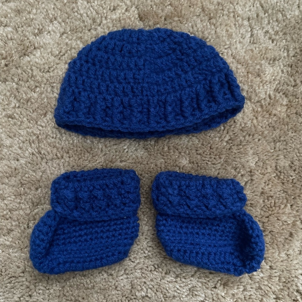 Blue Knitted Hat and Booties for Baby
